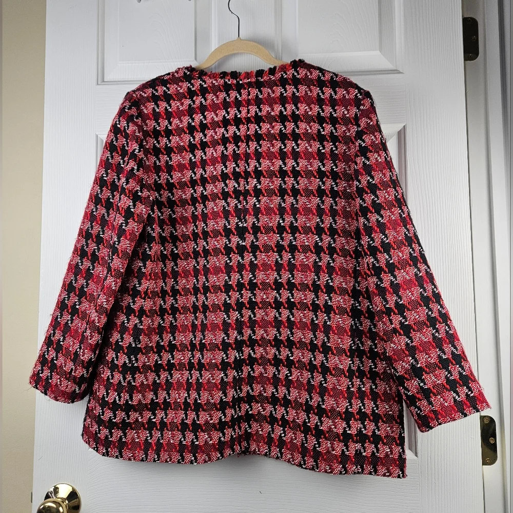 NWT Chico’s Red & Black Houndstooth Tweed Blazer Jacket Size Petite Size 12